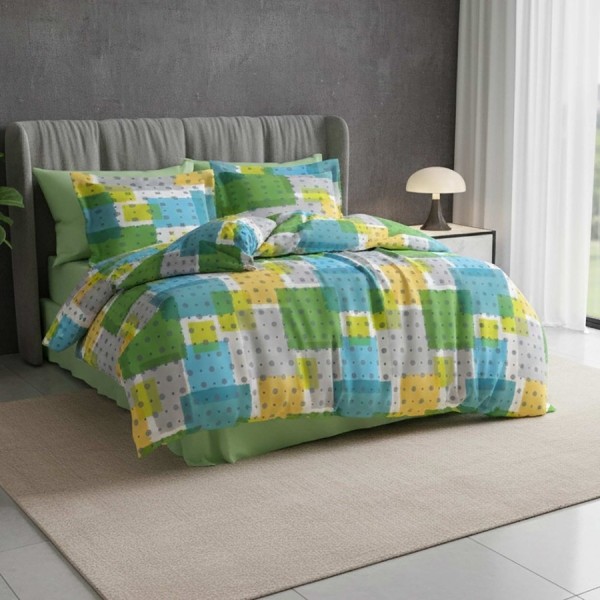 Lenjerie pat dublu model patrate verde si galben, bumbac ranforce, husa pilota 220x240, cearsaf drept verde 240x270, 4 piese