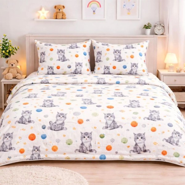 Lenjerie de pat dubla bumbac 100% ranforce cu pisici si ghemotoace colorate 4 piese, Fabricata in Romania
