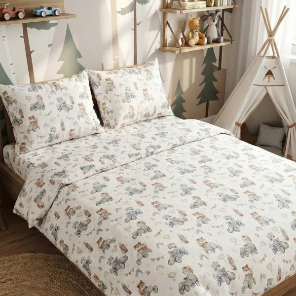 Lenjerie pat dublu Ursuleti veseli, bumbac satinat, husa pilota 220x240, cearsaf drept 240x270, 4 piese