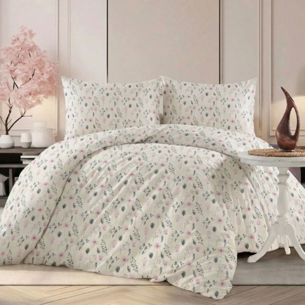 Set lenjerie pat dublu Boboci, husa pilota 220x240, cearsaf drept 240x270, crem cu boboci roz, 4 piese