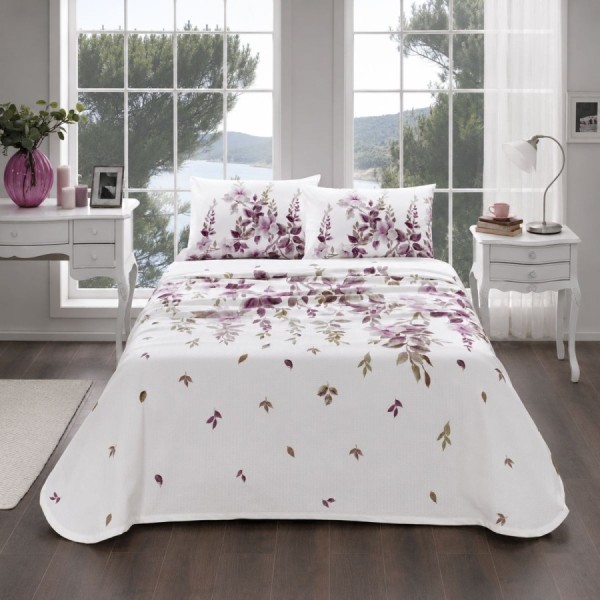 set pique TAC Galinda bumbac 100 la suta cu imprimeu floral mov si lila pe fond alb