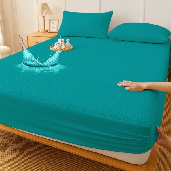 Set protectie matlasata impermeabila cu elastic pentru saltea 160x200 cm  si 2 fete perna 50x70cm Turcoaz