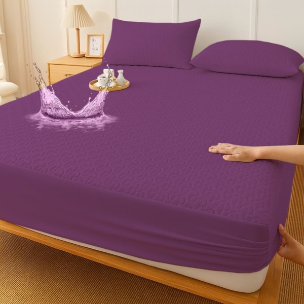 Set protectie matlasata impermeabila cu elastic pentru saltea 180x200 cm  si 2 fete perna 50x70cm mov