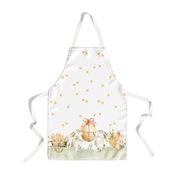 Sort de bucătărie Londy din bumbac 100% cu iepurași adorabili purtând un ou de Paște, decorat cu flori și puișori aurii pe fundal alb.