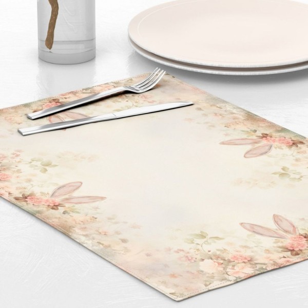 Set 4 suporturi farfurie din bumbac 100% pentru Paște, Elon floral pastelat cu iepuras imprimeu digital