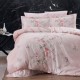 Lenjerie de pat bumbac satin de lux 6 piese First Choice Matilde alba cu flori roz piersiciu si fluturi