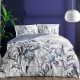 Lenjerie pat 1 persoana TAC Mako Satin Sarina cu flori de iris albastre si imprimeu floral elegant pe fundal alb