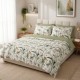 Lenjerie de pat dublu Petalique din bumbac ranforce premium cu model de frunze albastre si cearceaf 240x250 cm