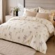 Lenjerie finet cu elastic 6 piese Flori bej 1, model floral bej cu accente turcoaz pe fundal deschis, cu cearsaf crem uni