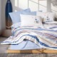 Lenjerie de pat dublu bumbac 100% ranforce, Cotton Box Kaija, cu imprimeu pescăruși colorați în pastel pe fundal crem texturat, cearceaf gri contrastant