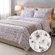 Lenjerie de pat dublu alba din bumbac 100% creponata cu model floral lila