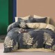Lenjerie de pat percale cu frunze bej pe fundal negru, bumbac 100%, set de 4 piese, fabricată în România