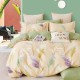 Lenjerie de pat percale cu pene în nuanțe de verde, mov și alb pe fundal crem, din bumbac 100%, produse în România