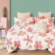 Lenjerie de pat percale cu flori mari roz și galbene pe fundal crem, din bumbac 100%, produse în România