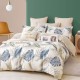 Lenjerie de pat percale cu frunze mari albastre și verzi pe fundal crem, din bumbac 100%, produse în România