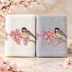 Set 2 prosoape Arliva Home 50x90 cm, ecru si lila, cu broderie pasarele galbene si flori de cires roz