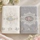 Set 2 prosoape Arliva Home 50x90 cm, ecru si bej, cu broderii florale lila si roz-somon si dantela decorativa