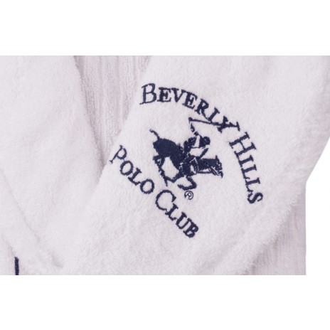 Beverly Hills Polo Club, Halat de baie unisex bumbac, marime L/XL, alb, dungi albastru inchis