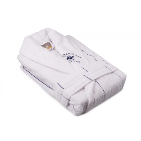 Beverly Hills Polo Club, Halat de baie unisex bumbac, marime M/L, alb, dungi albastru inchis