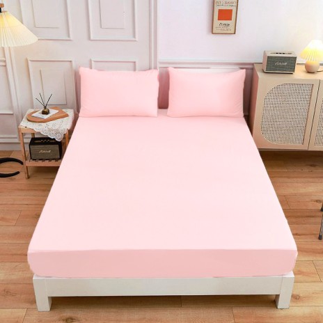 Cearceaf cu elastic + 2fete perna, bumbac 100% ranforce, 160x200cm+28cm, Roz deschis