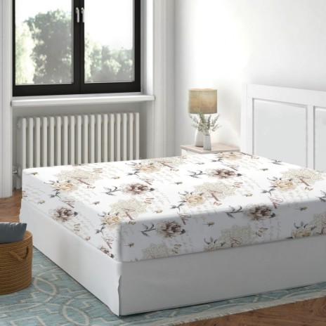 Cearceaf de pat cu elastic bumbac 100%,160x200cm, Floral Bej Deluxe Pucioasa