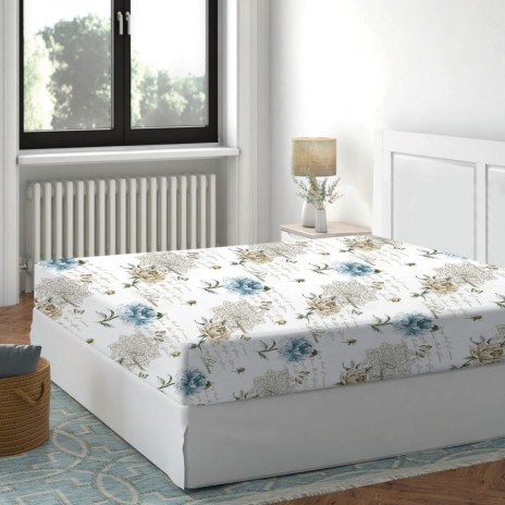Cearceaf de pat cu elastic bumbac 100%,180x200cm, Floral Bleu