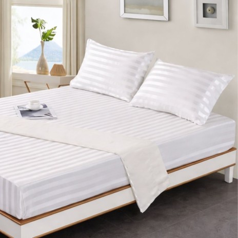 cearceaf de pat cu elastic damasc alb bumbac 100% Ralex Pucioasa 160x200 cm dunga 3 cm