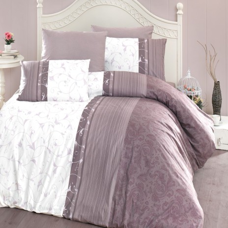 cearceaf pat 240x260 cm si 4 fete perna bumbac ranforce model lila alb First Choice Peitra