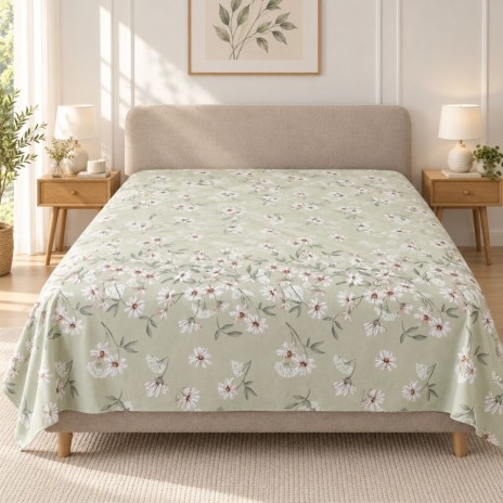 Cearsaf de pat Nevada Mint 240x260 cm, verde menta cu flori albe si roz pudrat, Homesko