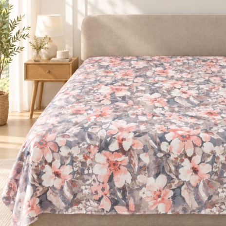 Cearsaf de pat Joly Ecru floral 260x280 cm, cu flori roz somon, crem si frunze gri pe fond ecru