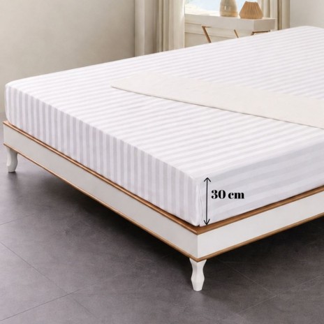 Cearceaf pat cu elastic 180x200 cm damasc hotelier alb dungi 3 cm 300TC