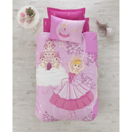 Lenjerie de pat 1 persoană roz cu design balerină și castel