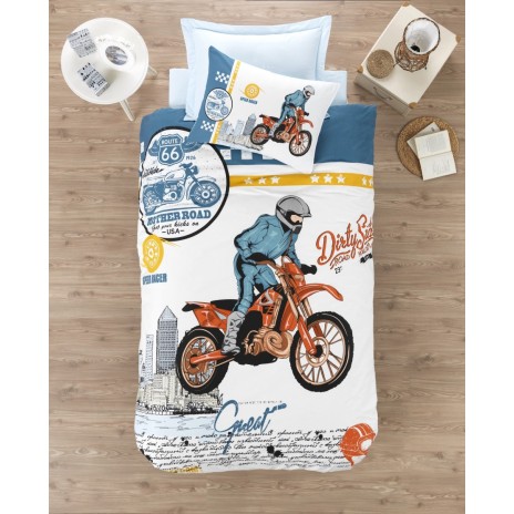 Lenjerie de pat 1 persoană albastru și portocaliu cu design motocross