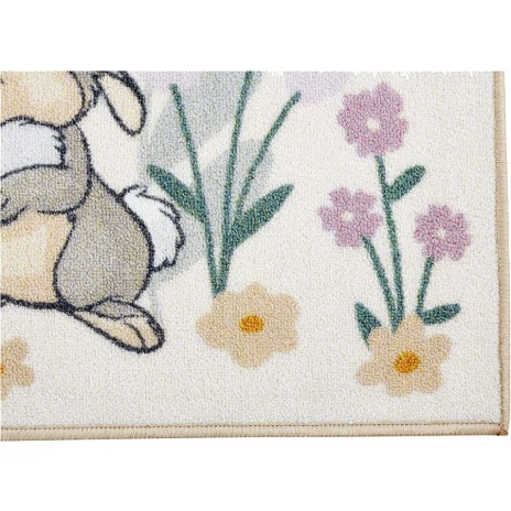 Covor Disney pentru copii cu Bambi și Thumper, în culori bej, verde și mov, dimensiune 80x120 cm, cu desene animate detaliate și motive florale.
