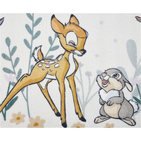 Covor Disney pentru copii cu Bambi și Thumper, în culori bej, verde și mov, dimensiune 80x120 cm, cu desene animate detaliate și motive florale.