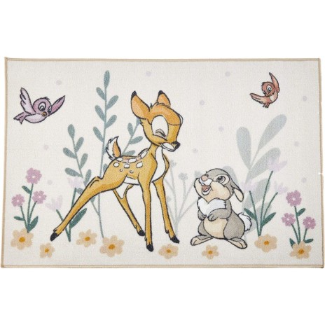 Covor Disney pentru copii cu Bambi și Thumper, în culori bej, verde și mov, dimensiune 80x120 cm, cu desene animate detaliate și motive florale.