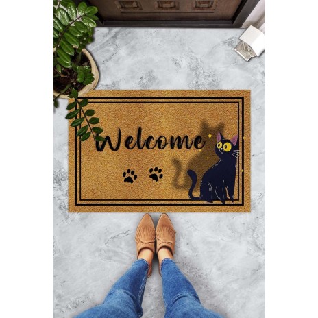 Covoraș intrare 40x60cm Confus Chat cu mesaj Welcome și pisică neagră