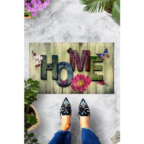 Covoraș intrare 40x60cm decorat cu flori, fluturi și cuvântul HOME