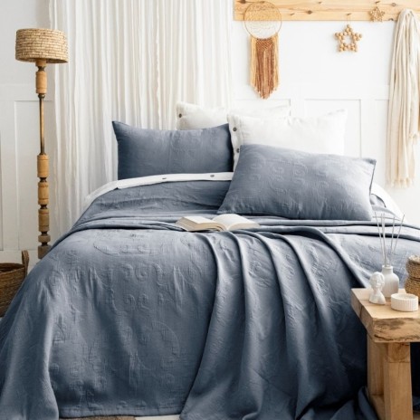 Cuvertura bumbac jacquard Julia albastru cu 2 fețe de perna