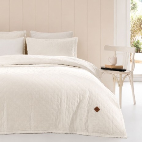 cuvertura bumbac stonewashed Majoli Manu Dove ecru 220x240 cm cu 2 fete de perna
