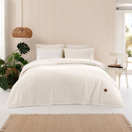 cuvertura bumbac stonewashed Majoli Manu Dove ecru 220x240 cm cu 2 fete de perna