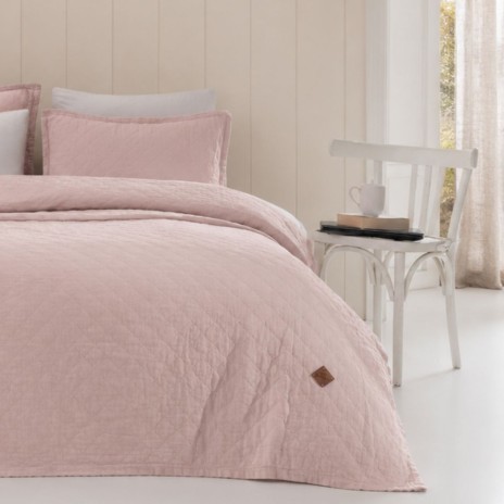 cuvertura bumbac stonewashed Majoli Manu Garnet roz pudra 220x240 cm cu 2 fete de perna
