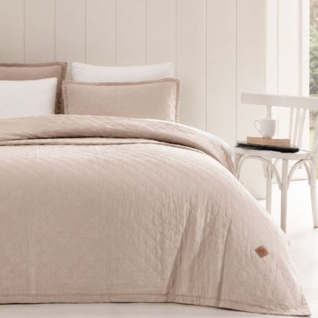 cuvertura bumbac stonewashed Majoli Manu Mink bej 220x240 cm cu 2 fete de perna