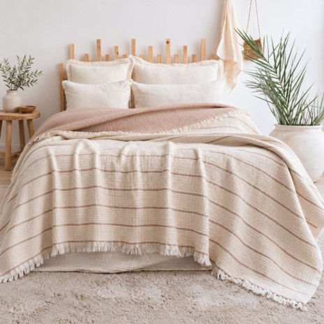 Cuvertura muselina jacquard 160x240 cm Sante Bej Saheser Home, crem cu dungi bej