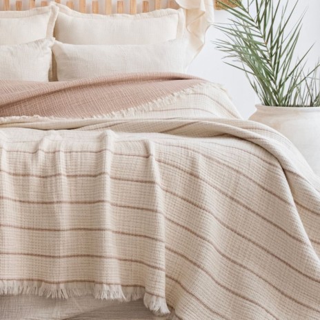 Cuvertura muselina jacquard 220x240 cm Sante Bej Saheser Home, crem cu dungi bej
