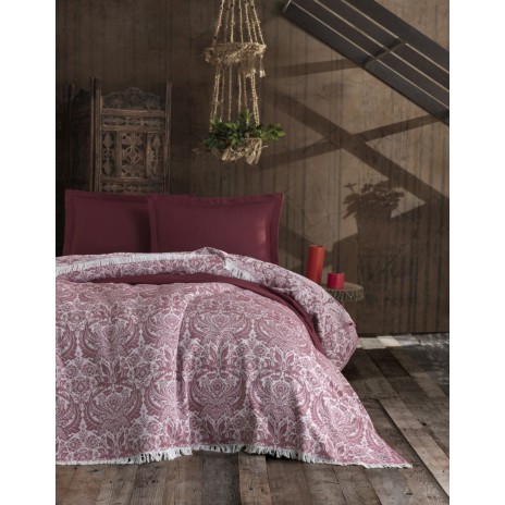 Cuvertura jacquard cu franjuri bumbac 100%, 240 x 260cm, Eponj Home, Nish - Claret Red