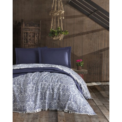 Cuvertura jacquard cu franjuri bumbac 100%, 240 x 260cm, Eponj Home, Nish - Dark Blue