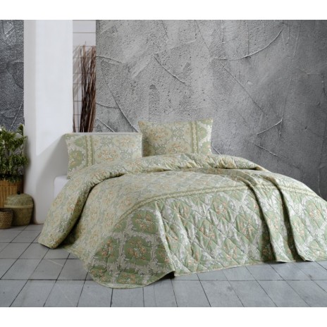 Cuvertura matlasata bumbac 100% 220x240cm + 2 fete perna, Bahar Home, Viviano Green