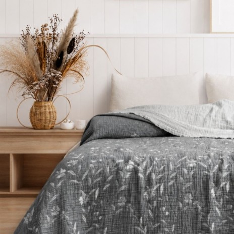 cuvertura muselina 220x240 cm Victoria Gri cu doua fete si model floral jacquard