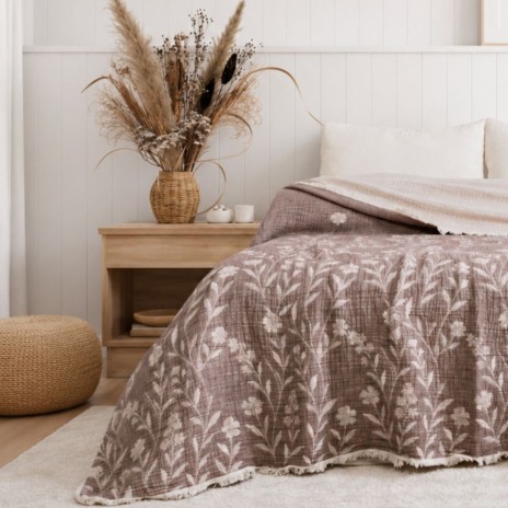 Cuvertura muselina 220x240 cm Victoria Maro cu doua fete si model floral jacquard